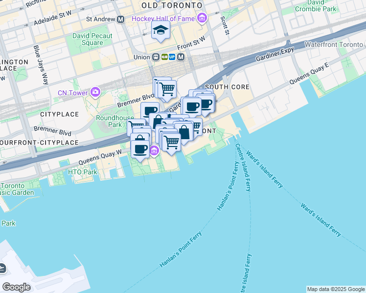 map of restaurants, bars, coffee shops, grocery stores, and more near 99 Harbour Square in Toronto