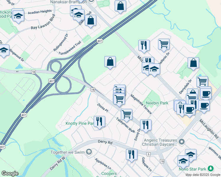 map of restaurants, bars, coffee shops, grocery stores, and more near 7568 Magistrate Terrace in Mississauga