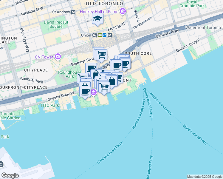 map of restaurants, bars, coffee shops, grocery stores, and more near 77 Harbour Square in Toronto