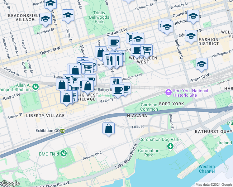 map of restaurants, bars, coffee shops, grocery stores, and more near 19 Western Battery Road in Toronto
