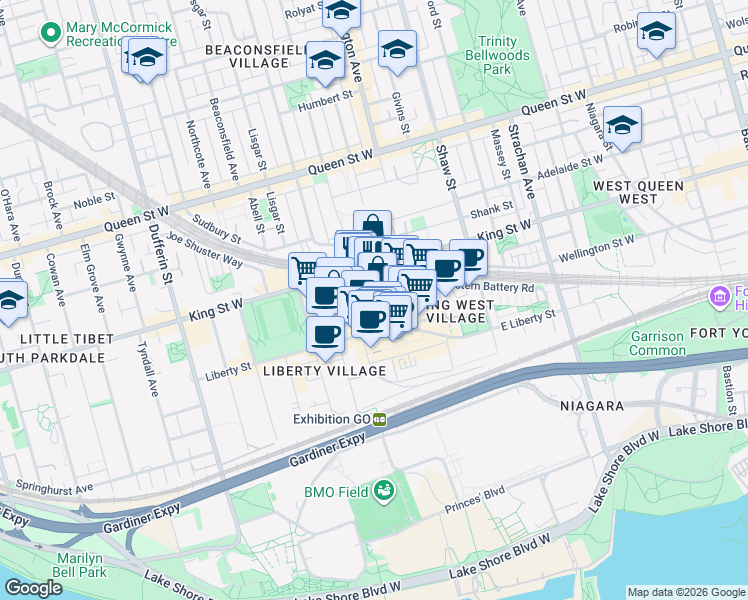 map of restaurants, bars, coffee shops, grocery stores, and more near 61 Hanna Avenue in Toronto