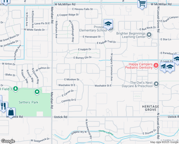 map of restaurants, bars, coffee shops, grocery stores, and more near 556 East Heritage Park Street in Meridian