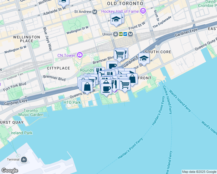 map of restaurants, bars, coffee shops, grocery stores, and more near Queens Quay W & Lower Simcoe St in Toronto