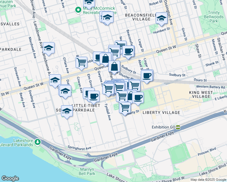 map of restaurants, bars, coffee shops, grocery stores, and more near 300 Dufferin Street in Toronto