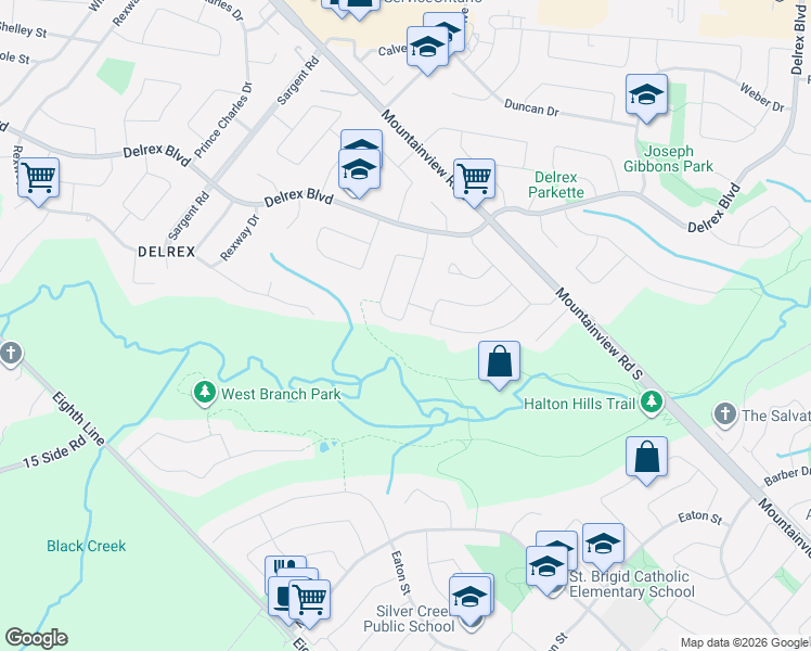 map of restaurants, bars, coffee shops, grocery stores, and more near 35 Dawson Crescent in Halton Hills