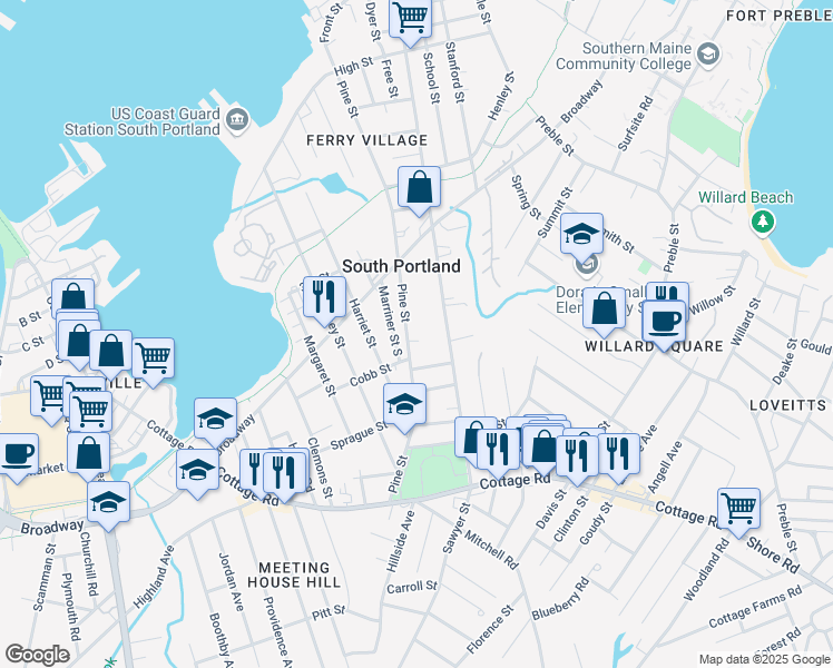map of restaurants, bars, coffee shops, grocery stores, and more near 256 Pine Street in South Portland