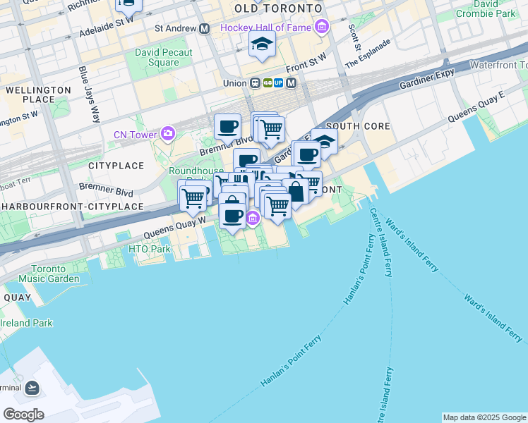 map of restaurants, bars, coffee shops, grocery stores, and more near 208 Queens Quay West in Toronto