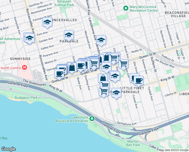 map of restaurants, bars, coffee shops, grocery stores, and more near 1457 Queen Street West in Toronto