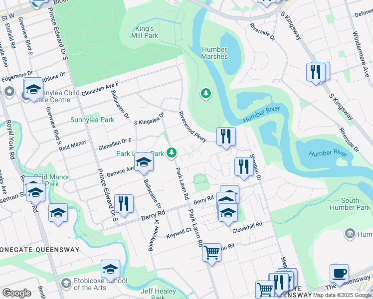 map of restaurants, bars, coffee shops, grocery stores, and more near 4 Kings Point Drive in Toronto