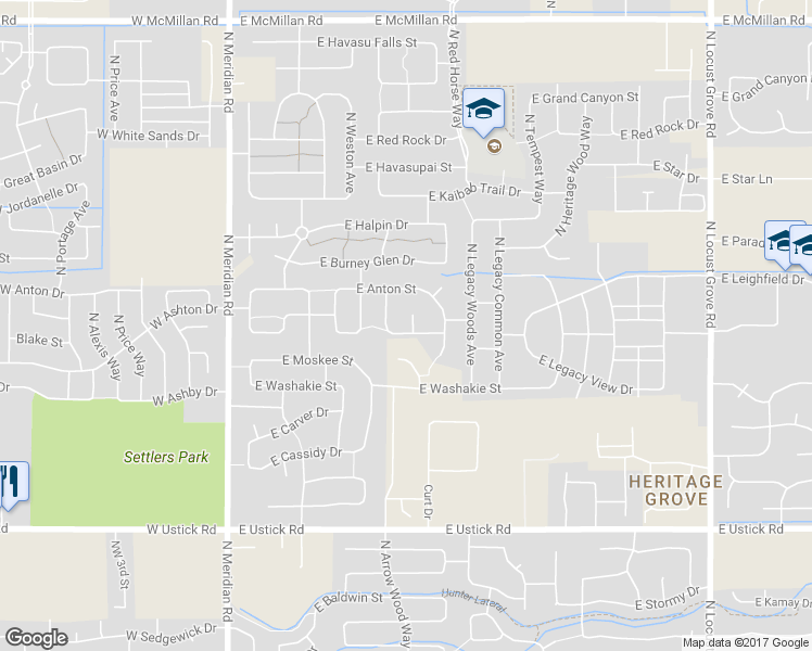 map of restaurants, bars, coffee shops, grocery stores, and more near 582 East Heritage Park Street in Meridian