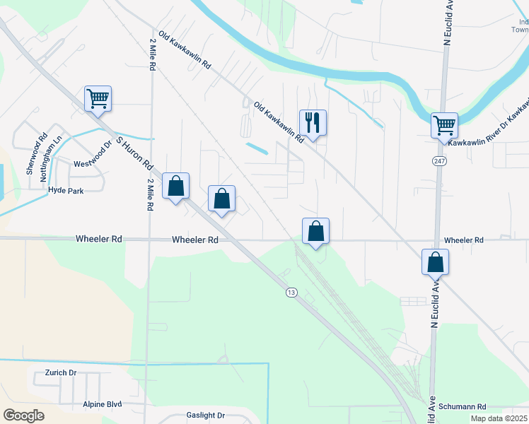 map of restaurants, bars, coffee shops, grocery stores, and more near 3459 Leff Lane in Bay City