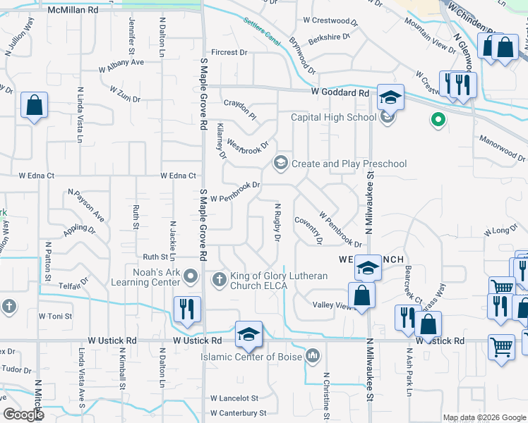 map of restaurants, bars, coffee shops, grocery stores, and more near 3800 Maywood Drive in Boise