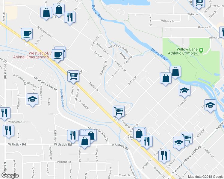 map of restaurants, bars, coffee shops, grocery stores, and more near 4750 Windward Court in Boise