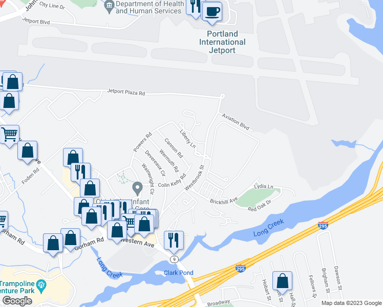 map of restaurants, bars, coffee shops, grocery stores, and more near 6 Liberty Lane in South Portland