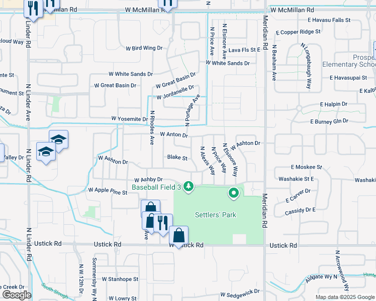 map of restaurants, bars, coffee shops, grocery stores, and more near 531 West Welch Street in Meridian