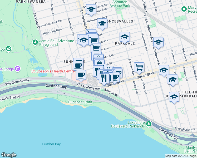 map of restaurants, bars, coffee shops, grocery stores, and more near 26 Roncesvalles Avenue in Toronto