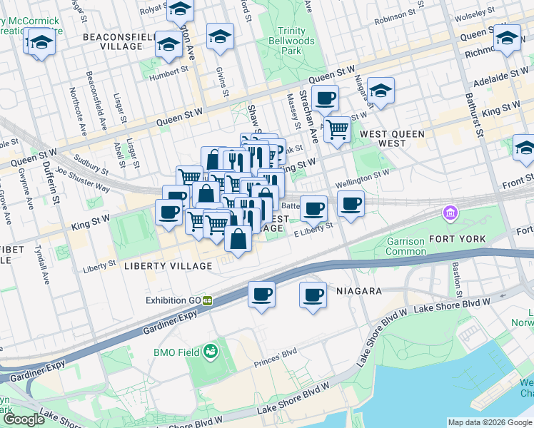 map of restaurants, bars, coffee shops, grocery stores, and more near 50 Lynn Williams Street in Toronto
