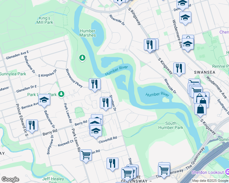 map of restaurants, bars, coffee shops, grocery stores, and more near 173 Stephen Drive in Toronto