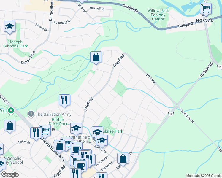 map of restaurants, bars, coffee shops, grocery stores, and more near 2 Pomeroy Court in Halton Hills