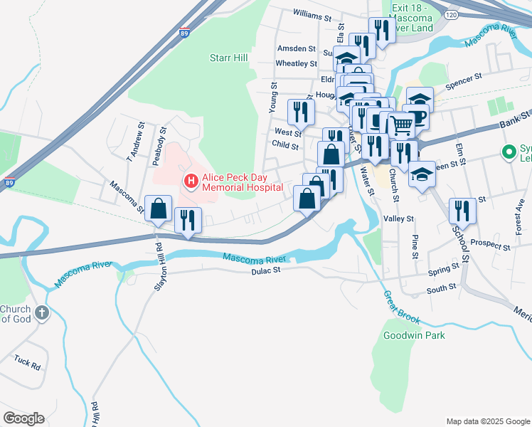 map of restaurants, bars, coffee shops, grocery stores, and more near 76 Mascoma Street in Lebanon