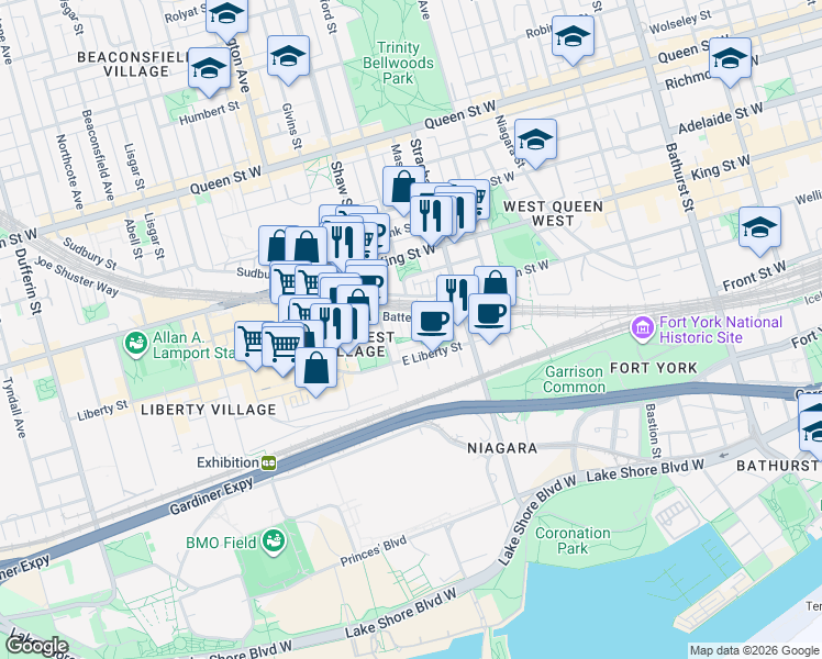 map of restaurants, bars, coffee shops, grocery stores, and more near 51 East Liberty Street in Toronto