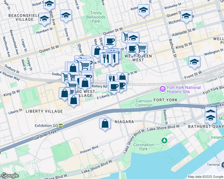 map of restaurants, bars, coffee shops, grocery stores, and more near 19 Western Battery Road in Toronto