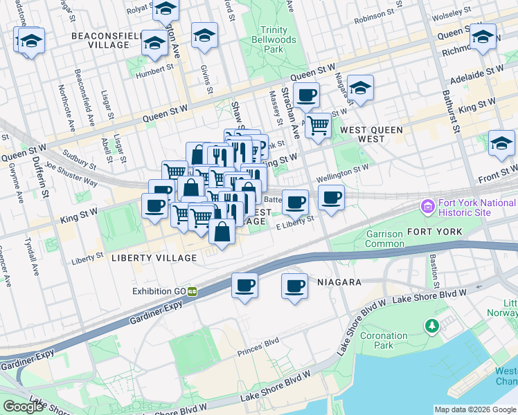 map of restaurants, bars, coffee shops, grocery stores, and more near 80 Western Battery Road in Toronto