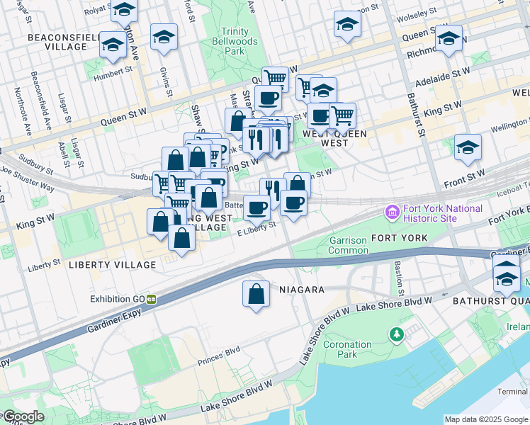 map of restaurants, bars, coffee shops, grocery stores, and more near 22 Western Battery Road in Toronto