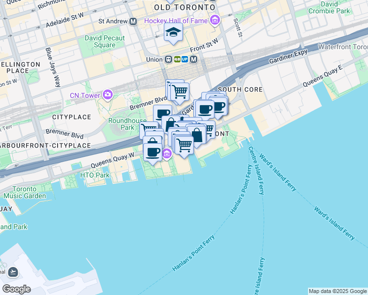 map of restaurants, bars, coffee shops, grocery stores, and more near 207 Queens Quay West in Toronto