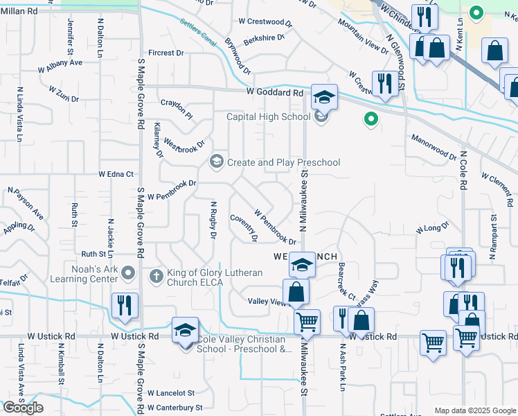 map of restaurants, bars, coffee shops, grocery stores, and more near 8425 West Pembrook Drive in Boise