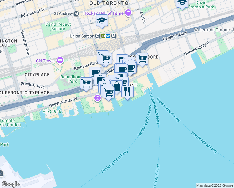 map of restaurants, bars, coffee shops, grocery stores, and more near 77 Harbour Square in Toronto
