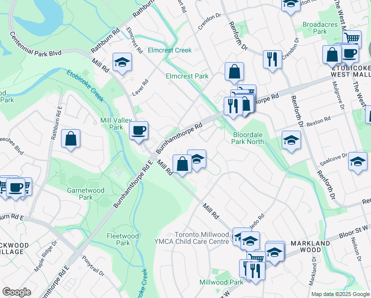map of restaurants, bars, coffee shops, grocery stores, and more near 812 Burnhamthorpe Road in Toronto