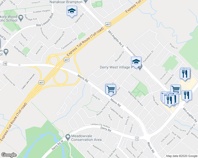 map of restaurants, bars, coffee shops, grocery stores, and more near 700 Rossellini Drive in Mississauga