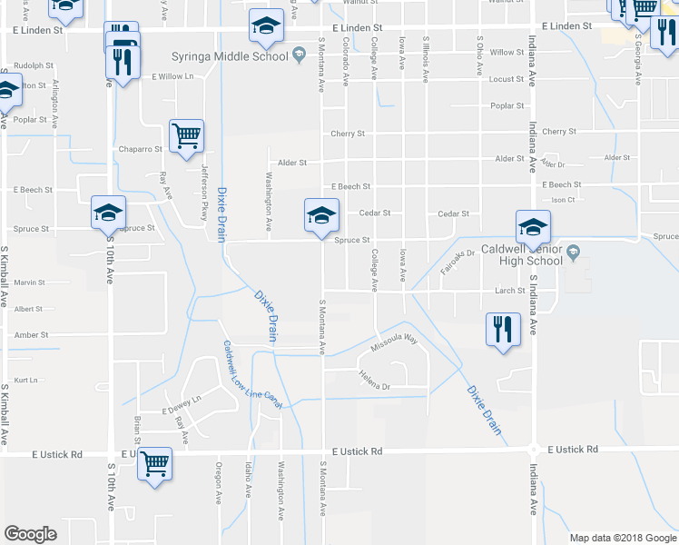 map of restaurants, bars, coffee shops, grocery stores, and more near 3408 South Colorado Avenue in Caldwell