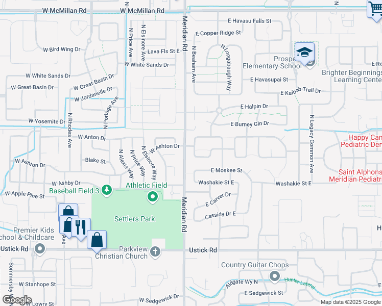 map of restaurants, bars, coffee shops, grocery stores, and more near 3851 North Lezana Avenue in Meridian