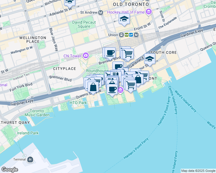 map of restaurants, bars, coffee shops, grocery stores, and more near 230 Queens Quay West in Toronto
