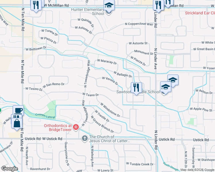 map of restaurants, bars, coffee shops, grocery stores, and more near 2174 West San Remo Drive in Meridian