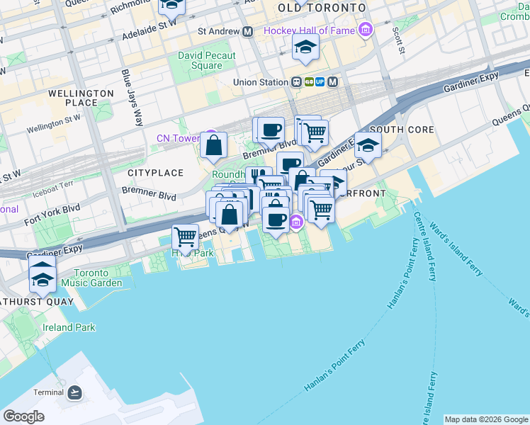 map of restaurants, bars, coffee shops, grocery stores, and more near 228 Queens Quay West in Toronto