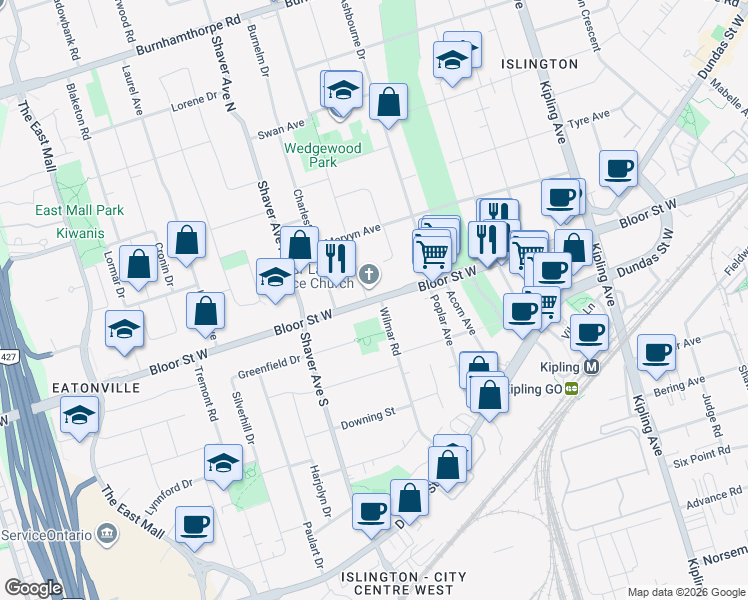 map of restaurants, bars, coffee shops, grocery stores, and more near 3919 Bloor Street West in Toronto