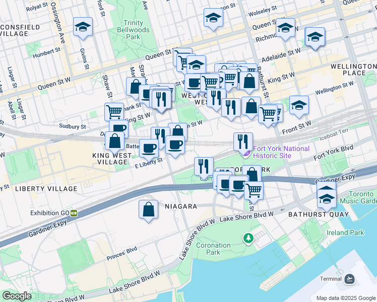 map of restaurants, bars, coffee shops, grocery stores, and more near 30 Ordnance Street in Toronto