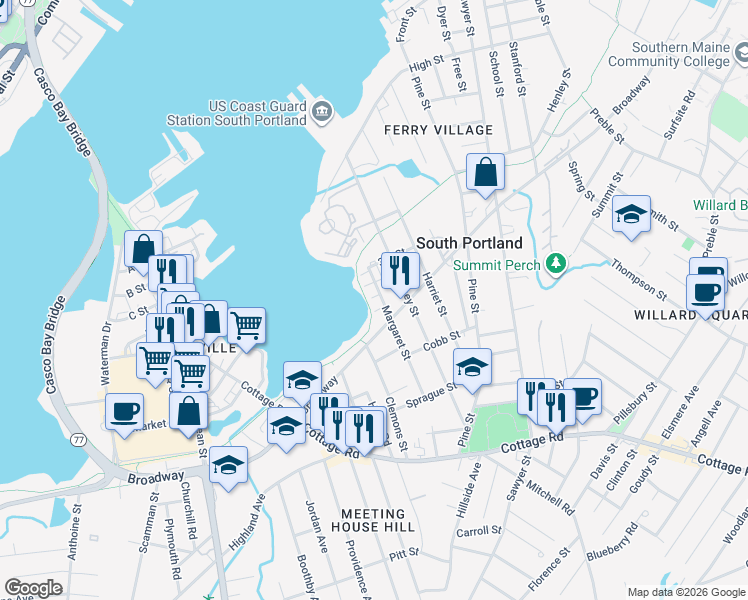 map of restaurants, bars, coffee shops, grocery stores, and more near 113 Margaret Street in South Portland
