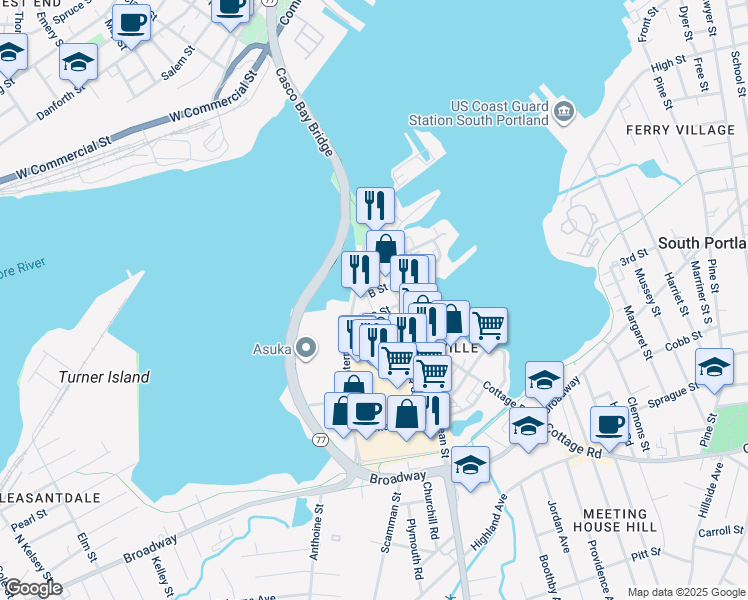 map of restaurants, bars, coffee shops, grocery stores, and more near 47 C Street in South Portland
