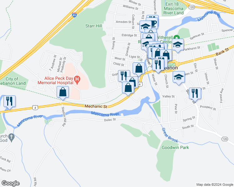 map of restaurants, bars, coffee shops, grocery stores, and more near 76 Mascoma Street in Lebanon