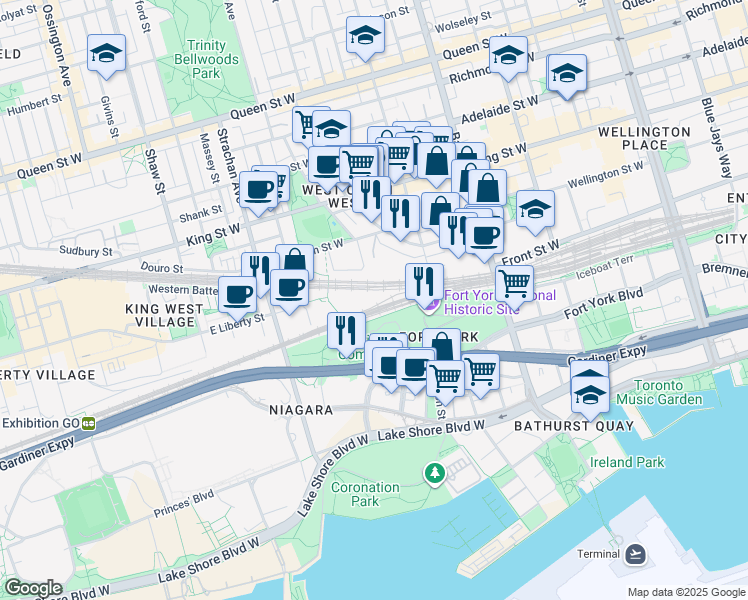 map of restaurants, bars, coffee shops, grocery stores, and more near 10 Ordnance Street in Toronto