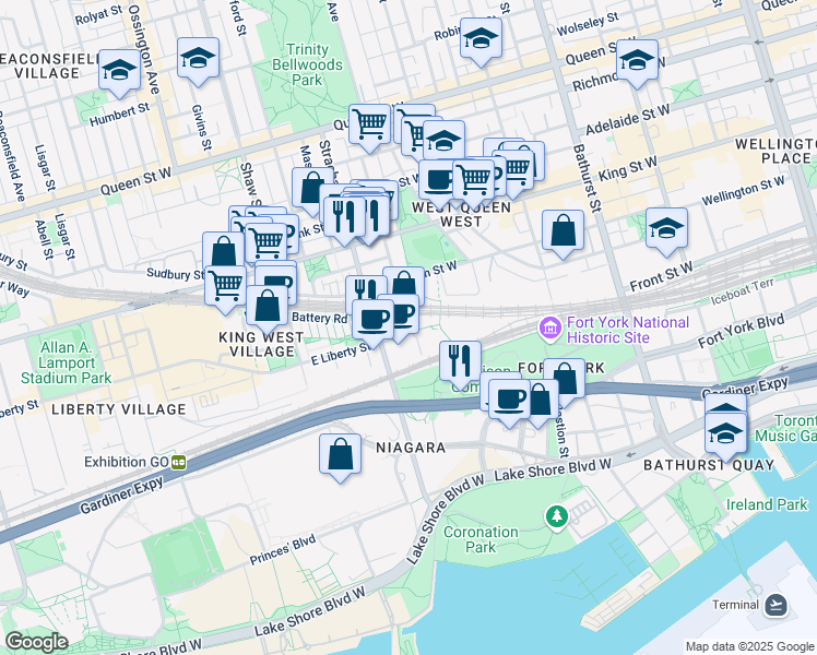 map of restaurants, bars, coffee shops, grocery stores, and more near 50 Ordnance Street in Toronto