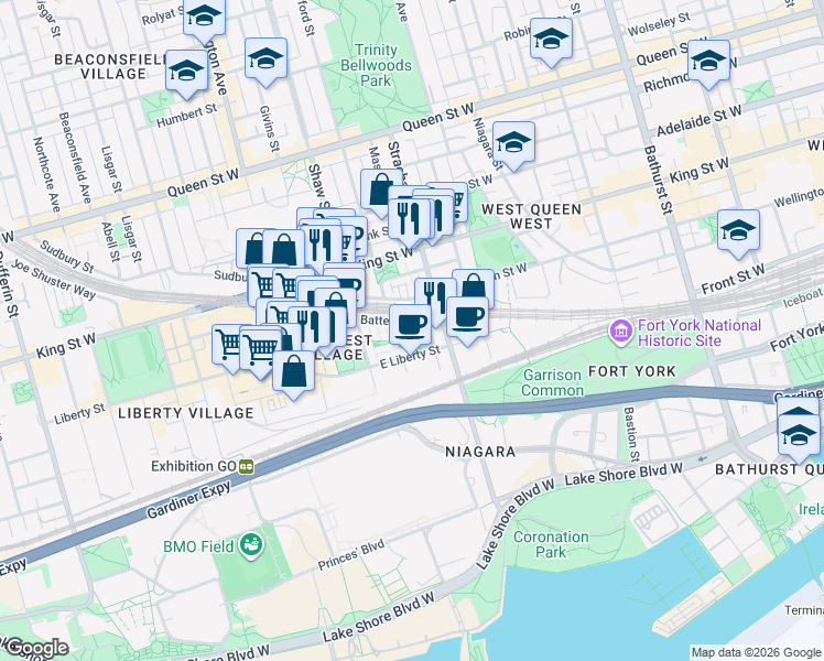 map of restaurants, bars, coffee shops, grocery stores, and more near 51 East Liberty Street in Toronto