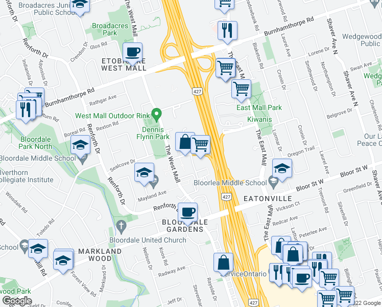 map of restaurants, bars, coffee shops, grocery stores, and more near 15 Eva Road in Toronto