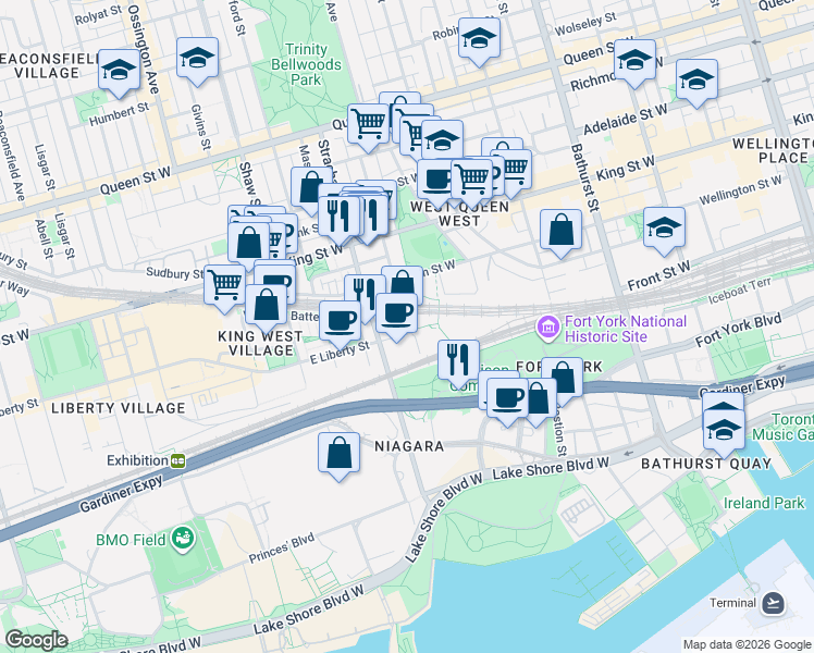 map of restaurants, bars, coffee shops, grocery stores, and more near 50 Ordnance Street in Toronto