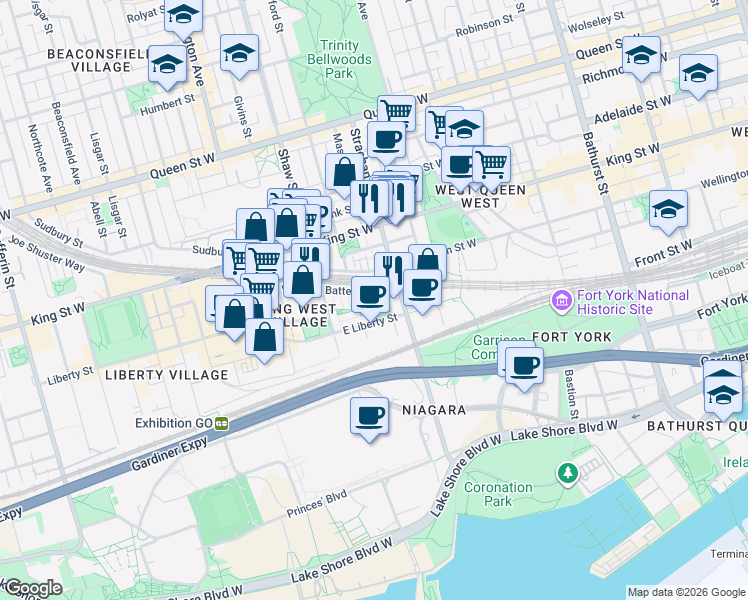 map of restaurants, bars, coffee shops, grocery stores, and more near 26 Western Battery Road in Toronto