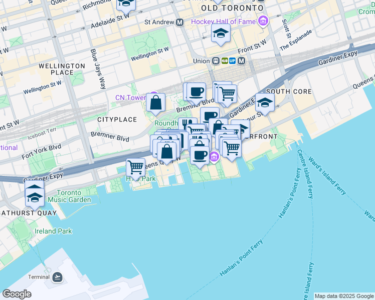 map of restaurants, bars, coffee shops, grocery stores, and more near in Toronto